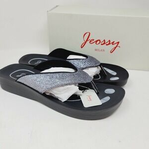 Jeossy Milan Women's Flip Flops Sz 9-9.5 Metallic Silver Platform Sandals